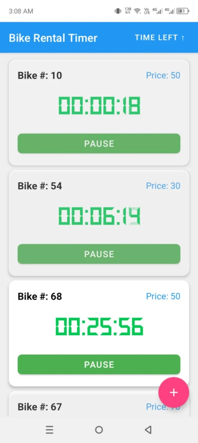 Bicycle Rent Timer — active rentals view