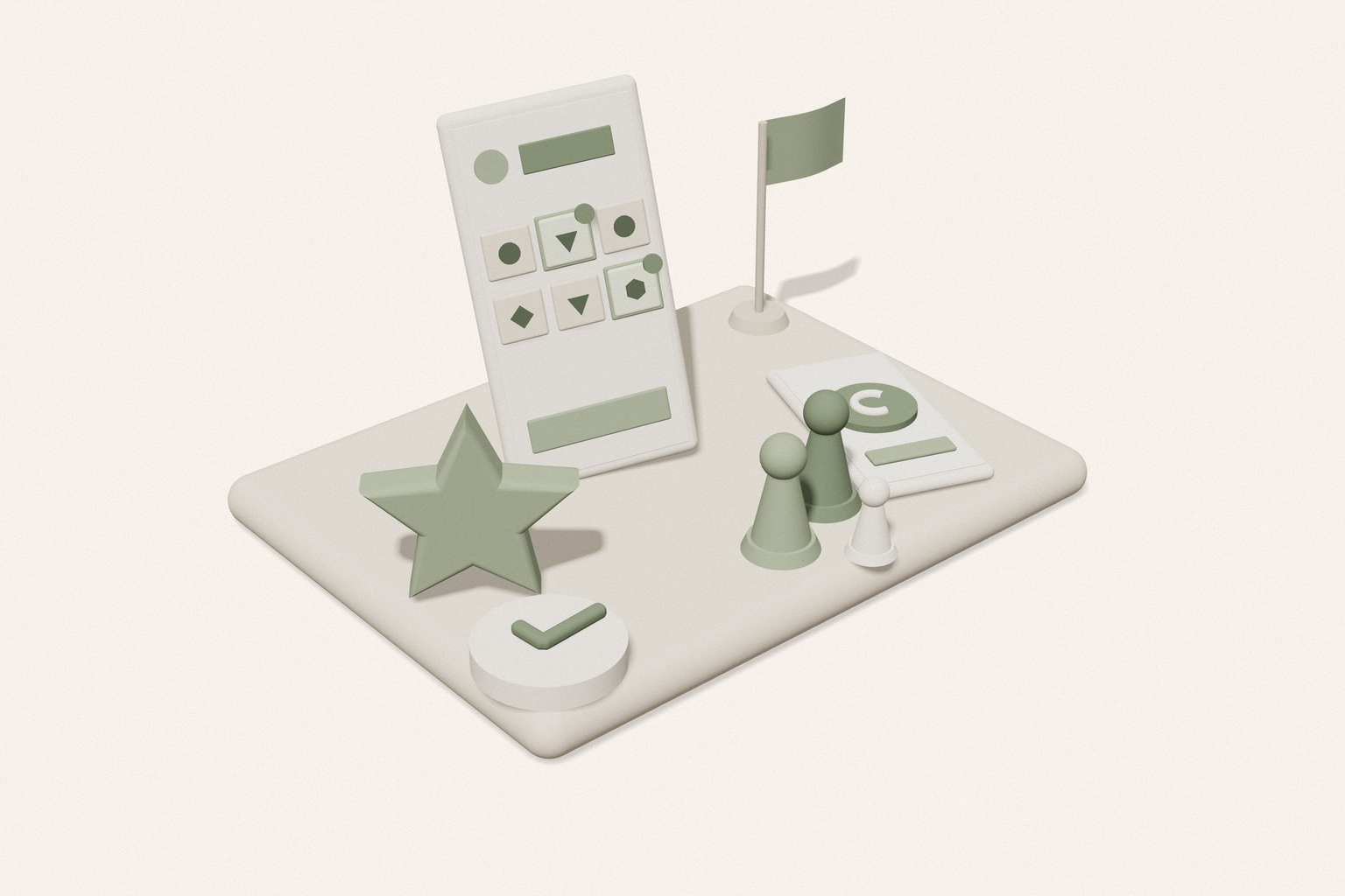 Illustration of a phone showing a grid of picture tiles, surrounded by a star, a check mark, a small flag, a second phone and three game pieces on a stone base.